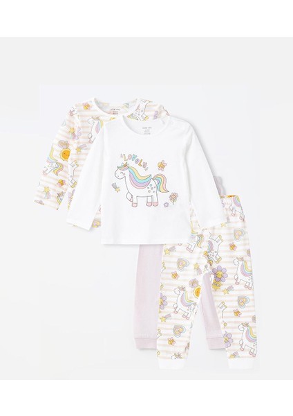 Bisiklet Yaka Uzun Kollu Baskılı Kız Bebek Pijama Takımı 2'li