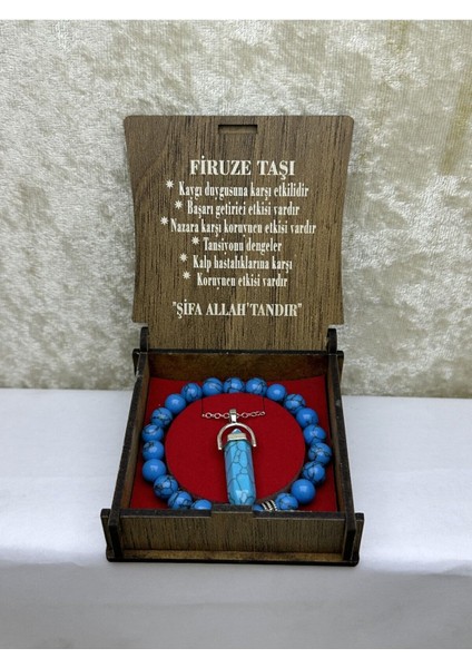 Doğal Taş Kutulu Kolye ve Bileklik Seti, Turkuaz Renk, Firuze Taşı