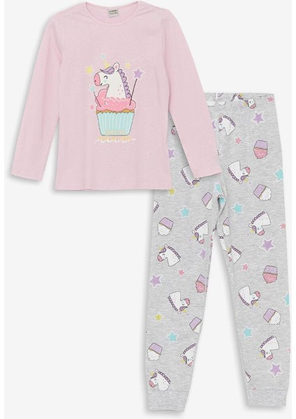 Bisiklet Yaka Baskılı Uzun Kollu Kız Çocuk Pijama Takımı