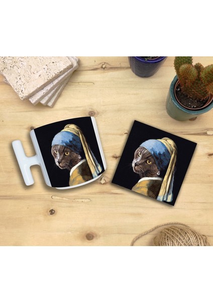 Kediler ve Sanat/johannes Vermeer Inci Küpeli Kız Set 9 - T Kulplu Fincan Kupa-Taş Bardak Altlığı 1