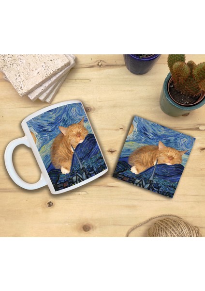Kediler ve Sanat/van Gogh Set 8 - Yıldızlı Gece(Starry Night) Standart Kupa-Taş Bardak Altlığı 9 fiyatları