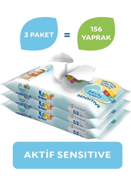 Uni Baby Aktif Sensitive Bebek Islak Mendil 24+ Ay 3x52 Adet