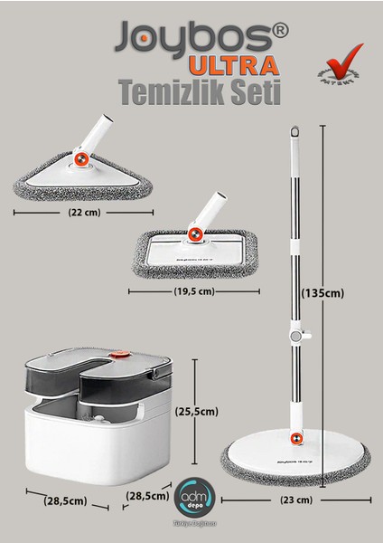 Temiz ve Kirli Suyu Ayıran 3 Başlıklı Temizlik Seti (Yuvarlak, Kare ve Üçgen Başlık)