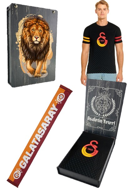 Logo Baskılı Siyah T-Shirt + Gs Atkı Hediyelik Set Özel Tasarım Ahşap Kutulu