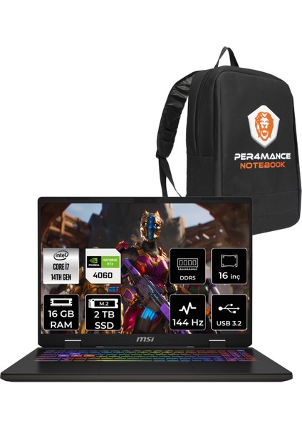 Msı Sword 16 Hx Intel Core I7 14700HX 16GB 2tb SSD RTX4060/8GB 16" Fhd+ 144Hz Fdos Taşınabilir Bilgisayar & Per4 Çanta B14VFKG061XTRP309