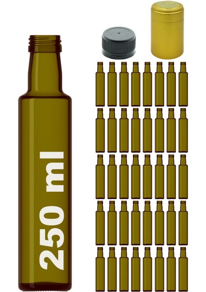 250 ml Yeşil Cam Şişe, 40 Adet, Kapaklı ve Kapüşonlu, Çevre Dostu, Hafif ve Dayanıklı