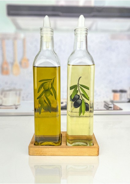 İkili Ahşap Altlıklı Kare Cam Yağdanlık, 750 ml, Beyaz, Şık ve Zarif Tasarım