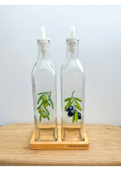 İkili Ahşap Altlıklı Kare Cam Yağdanlık, 750 ml, Beyaz, Şık ve Zarif Tasarım fiyatları