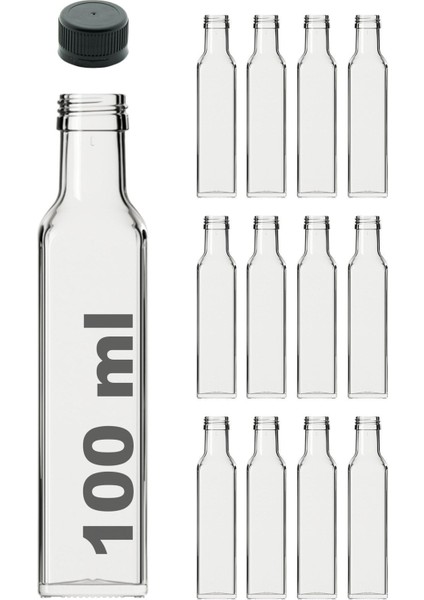 Şeffaf 12 adet 180 ml köşeli cam şişe, sızdırmaz kapaklı, beyaz renkli.