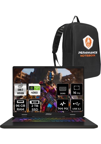 Msı Sword 16 Hx Intel Core I7 14700HX 96GB 2tb SSD RTX4060/8GB 16" Fhd+ 144Hz Fdos Taşınabilir Bilgisayar & Per4 Çanta B14VFKG061XTRP339