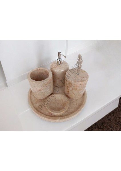 Bej Mermer Klasik Model 5 Parça Gümüş Renk Kuş Tüyü Aksesuarlı Banyo Seti