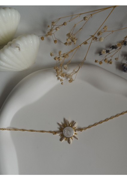 Handmade Pirinç Üzeri Altın Kaplama Güneş Beyaz Bileklik - Sunrise - White fiyatları