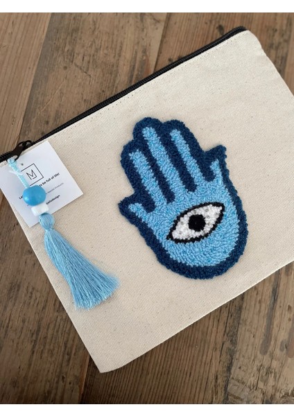 Punch Işlemeli Clutch - Makyaj Çantası, Boncuklu, El Desenli, Mavi