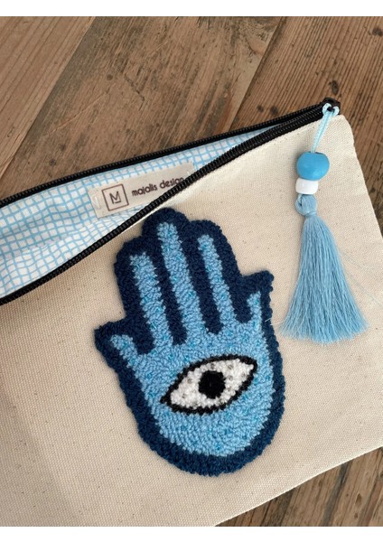 Punch Işlemeli Clutch - Makyaj Çantası, Boncuklu, El Desenli, Mavi indirimleri