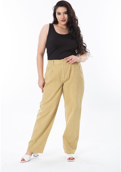 Kadın Büyük Beden Bej Ribs Kumaş Yan Cepli Pileli Pantolon 65N38272 modelleri