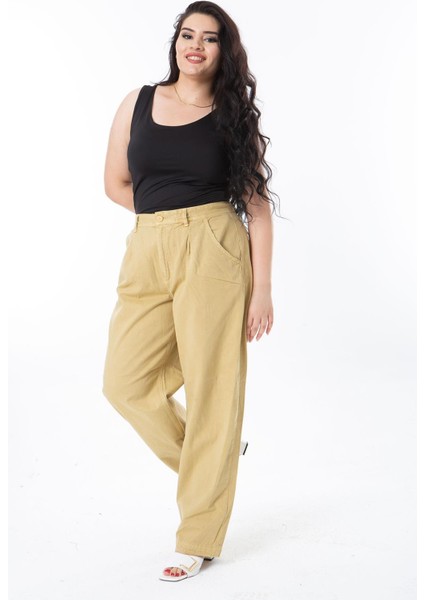 Kadın Büyük Beden Bej Ribs Kumaş Yan Cepli Pileli Pantolon 65N38272 fırsatları