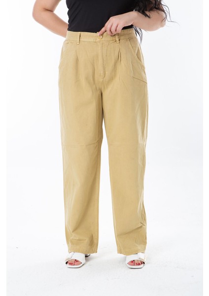 Kadın Büyük Beden Bej Ribs Kumaş Yan Cepli Pileli Pantolon 65N38272 indirimleri