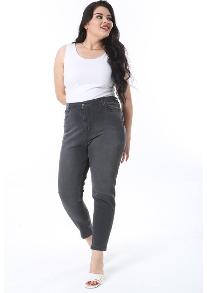 Kadın Büyük Beden Antrasit Yüksek Bel 5 Cepli Likralı Dar Paça Kot Pantolon 65N38281