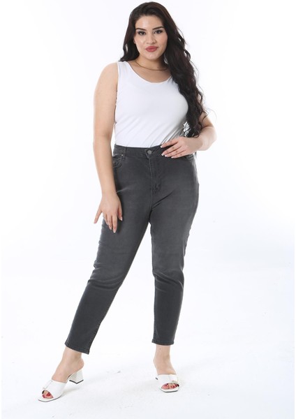Kadın Büyük Beden Antrasit Yüksek Bel 5 Cepli Likralı Dar Paça Kot Pantolon 65N38281 modelleri