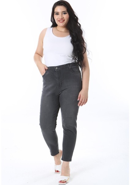 Kadın Büyük Beden Antrasit Yüksek Bel 5 Cepli Likralı Dar Paça Kot Pantolon 65N38281 fırsatları