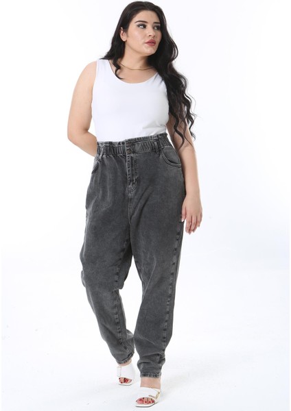 Kadın Büyük Beden Füme Beli Lastik Detaylı Yıkama Efektli Kot Pantolon 65N38261