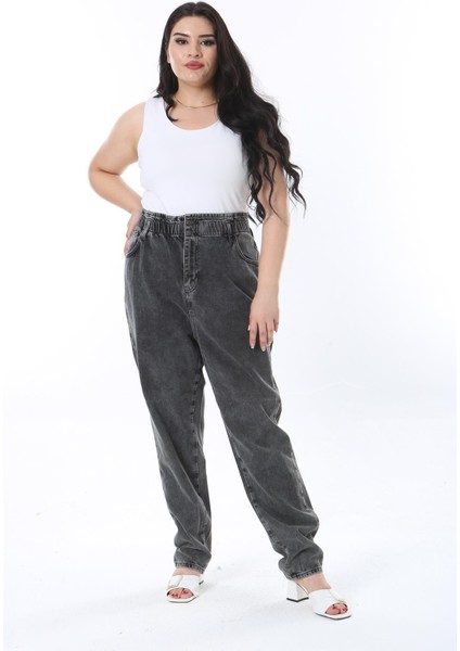 Kadın Büyük Beden Füme Beli Lastik Detaylı Yıkama Efektli Kot Pantolon 65N38261