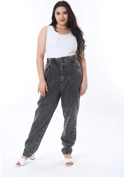 Kadın Büyük Beden Füme Beli Lastik Detaylı Yıkama Efektli Kot Pantolon 65N38261