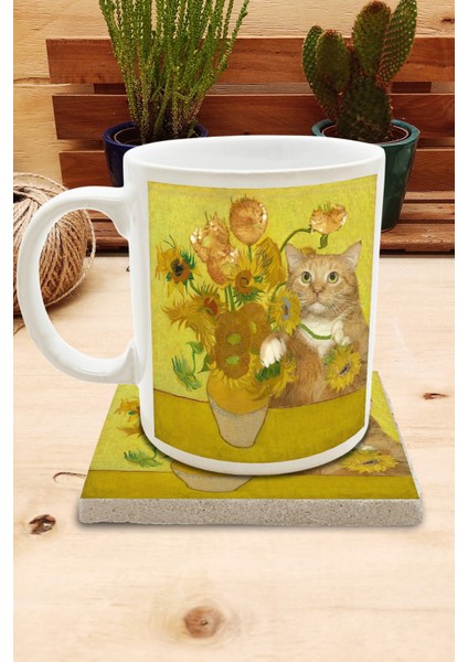 Kediler ve Sanat/van Gogh Set 8 - Vase With Fifteen Sunflowers (Onbeş Ayçiçekli Vazo) Standart Kupa-Taş Bardak Altlığı 10