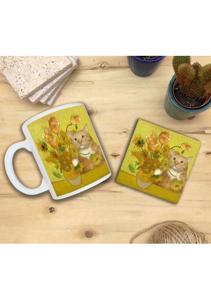 Kediler ve Sanat/van Gogh Set 8 - Vase With Fifteen Sunflowers (Onbeş Ayçiçekli Vazo) Standart Kupa-Taş Bardak Altlığı 10 fiyatları