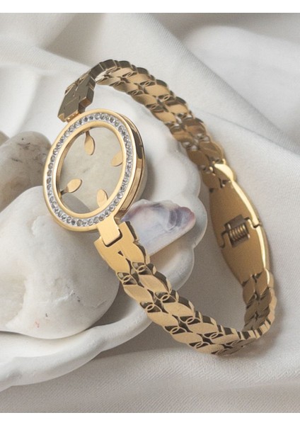 Altın renkli paslanmaz çelik kelepçe bileklik, zirkon taşlı şık tasarım