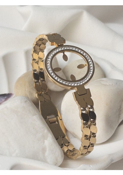 Altın renkli paslanmaz çelik kelepçe bileklik, zirkon taşlı şık tasarım fiyatları