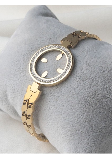 Altın renkli paslanmaz çelik kelepçe bileklik, zirkon taşlı şık tasarım modelleri