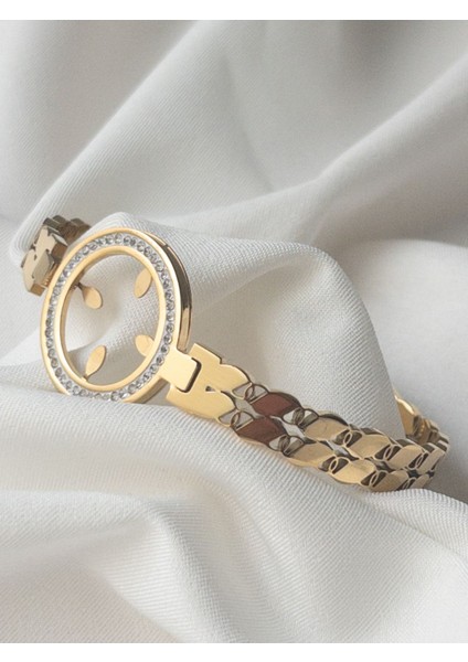 Altın renkli paslanmaz çelik kelepçe bileklik, zirkon taşlı şık tasarım fırsatları