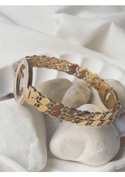 Altın renkli paslanmaz çelik kelepçe bileklik, zirkon taşlı şık tasarım indirimleri