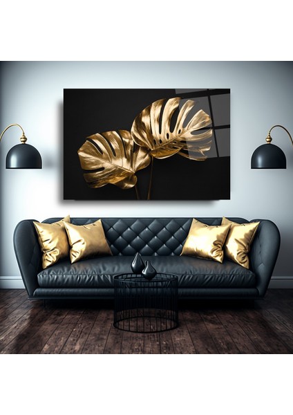 Gold Yapraklar Cam Tablo | Hediyelik, Dekoratif, Ofis, Mutfak