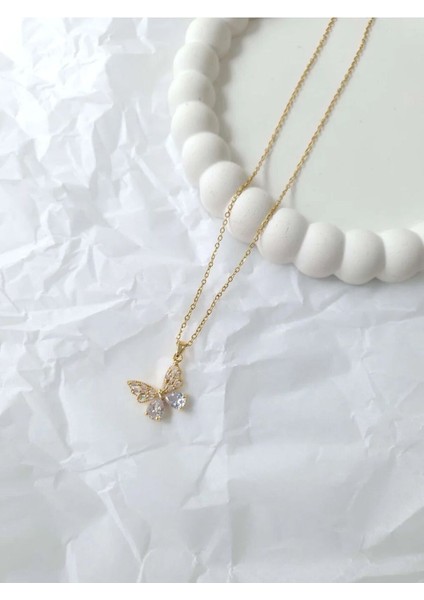 Çelik Gold Taşlı Kelebek Kadın Kolye