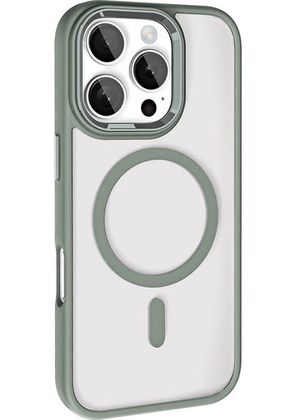 Apple iPhone 16 Pro Kılıf Wireless Şarj Özellikli Buttom Magsafe Silikon Kapak Gri