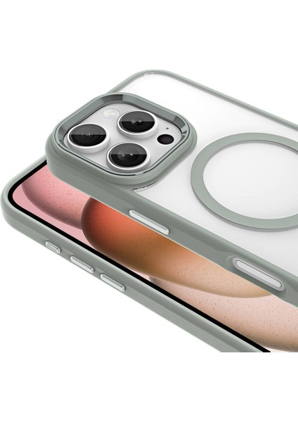 Apple iPhone 16 Pro Kılıf Wireless Şarj Özellikli Buttom Magsafe Silikon Kapak Gri