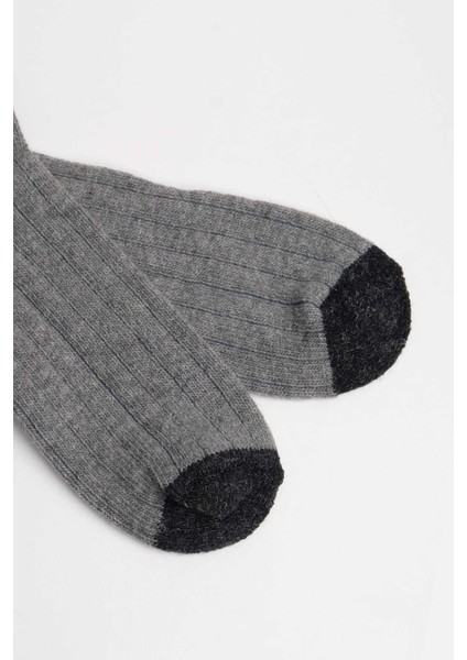 Unisex Alpaka Yünü Kışlık Çemberli Tekli Gri Soket Çorap M 3093 G