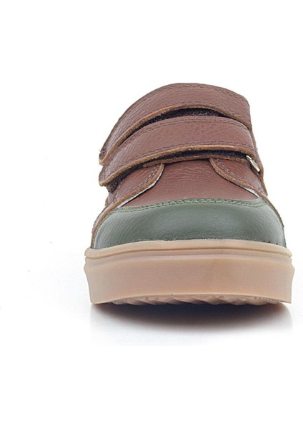 Kahverengi Yeşil Hakiki Deri Cırtlı Kız Çocuk Sneaker Ayakkabı