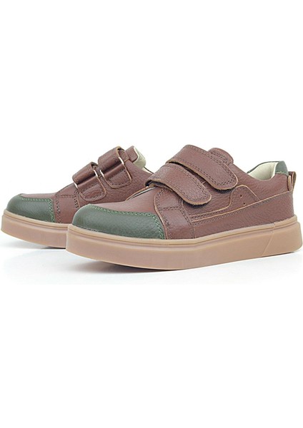 Kahverengi Yeşil Hakiki Deri Cırtlı Kız Çocuk Sneaker Ayakkabı