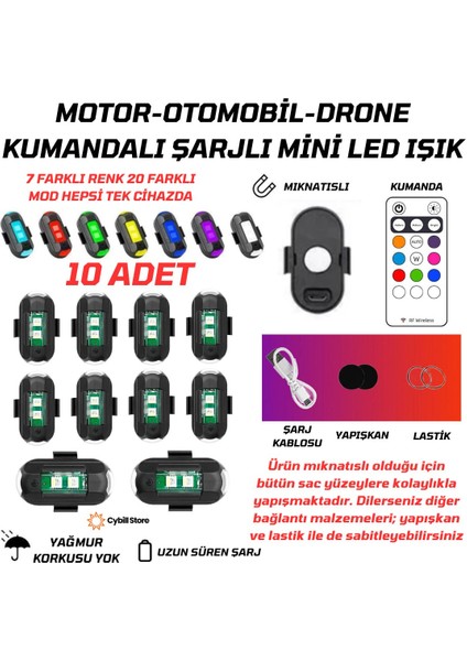 Kumandalı Çakarlı Şarjlı 7 Renk Ve 20 Modlu 10 Adet Mini Led Işık Drone Motorsiklet Araba Bisiklet Işığı