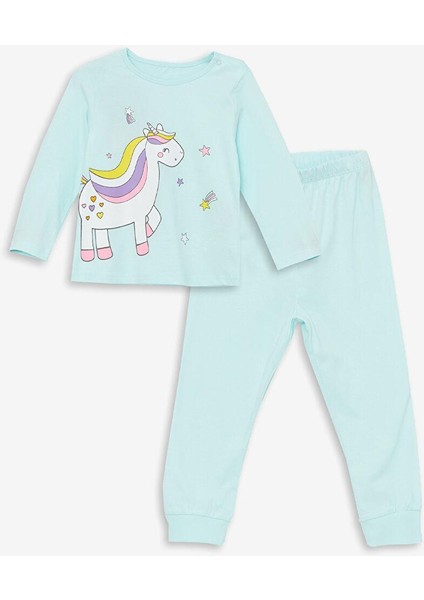 Bisiklet Yaka Uzun Kollu Baskılı Kız Bebek Pijama Takımı
