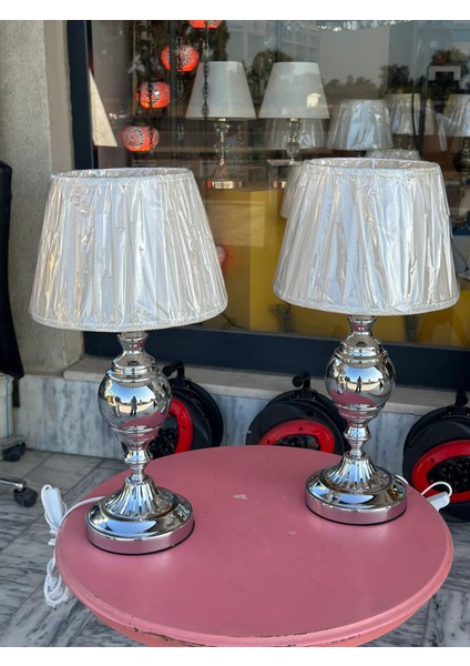 55CM Yüksekliğinde Kumaş Başlıklı Krom Renk Ikili Abajur