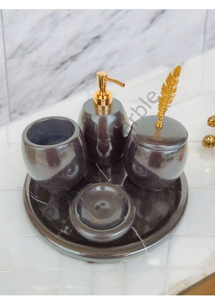 Siyah Mermer Oval Model 5 Parça Gold Renk Kuş Tüyü Aksesuarlı Banyo Seti
