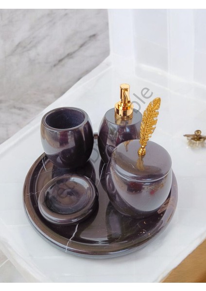 Siyah Mermer Oval Model 5 Parça Gold Renk Kuş Tüyü Aksesuarlı Banyo Seti