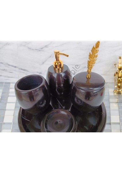 Siyah Mermer Oval Model 5 Parça Gold Renk Kuş Tüyü Aksesuarlı Banyo Seti