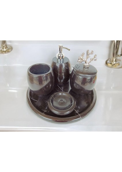 Siyah Mermer Oval Model 5 Parça Gümüş Renk Mercan Aksesuarlı Banyo Seti