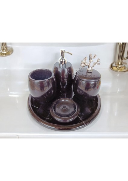 Siyah Mermer Oval Model 5 Parça Gümüş Renk Mercan Aksesuarlı Banyo Seti