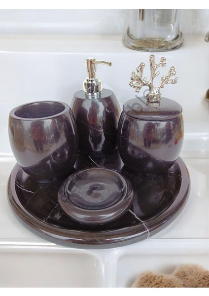 Siyah Mermer Oval Model 5 Parça Gümüş Renk Mercan Aksesuarlı Banyo Seti
